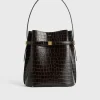 Belted croco-embossed bucket bag dark brown