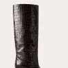 Croco-embossed wide shaft boots dark brown
