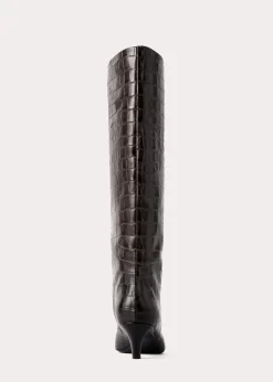 Croco-embossed wide shaft boots dark brown