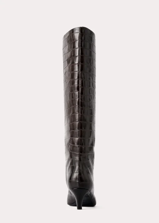 Croco-embossed wide shaft boots dark brown