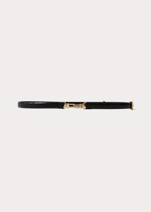 Double clasp croco-embossed belt black