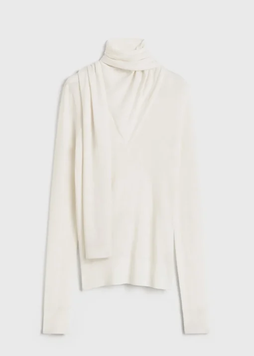 Draped-scarf fine knit off-white