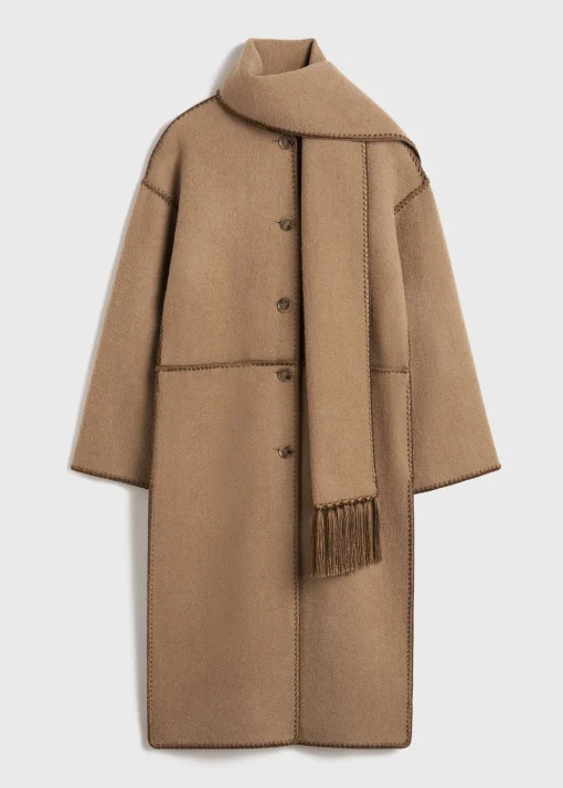 Embroidered scarf coat camel