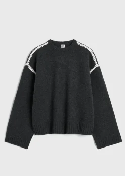 Embroidered wool cashmere knit grey melange