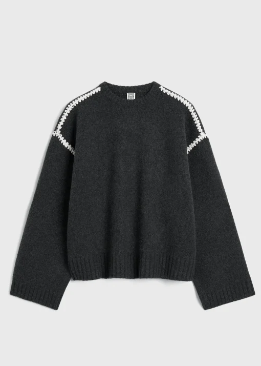 Embroidered wool cashmere knit grey melange