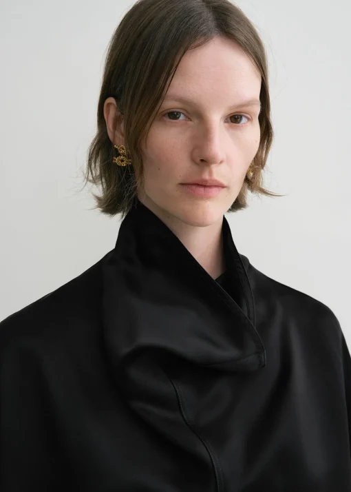 Funnel-neck satin blouse black