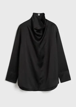 Funnel-neck satin blouse black