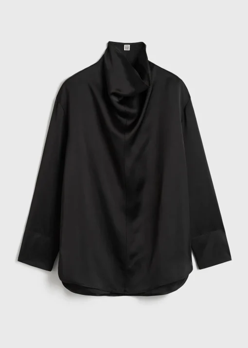 Funnel-neck satin blouse black