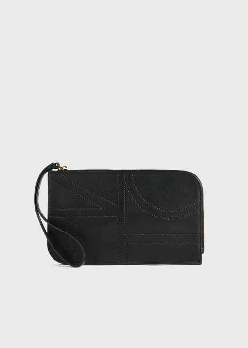 Monogram leather wristlet pouch black