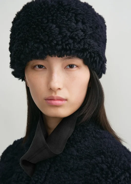 Shearling pillbox hat navy