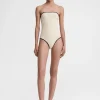 Stripe edge strapless swimsuit light hay