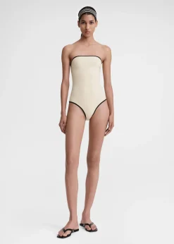 Stripe edge strapless swimsuit light hay