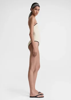 Stripe edge strapless swimsuit light hay