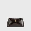 T-Lock croco-embossed clutch dark brown